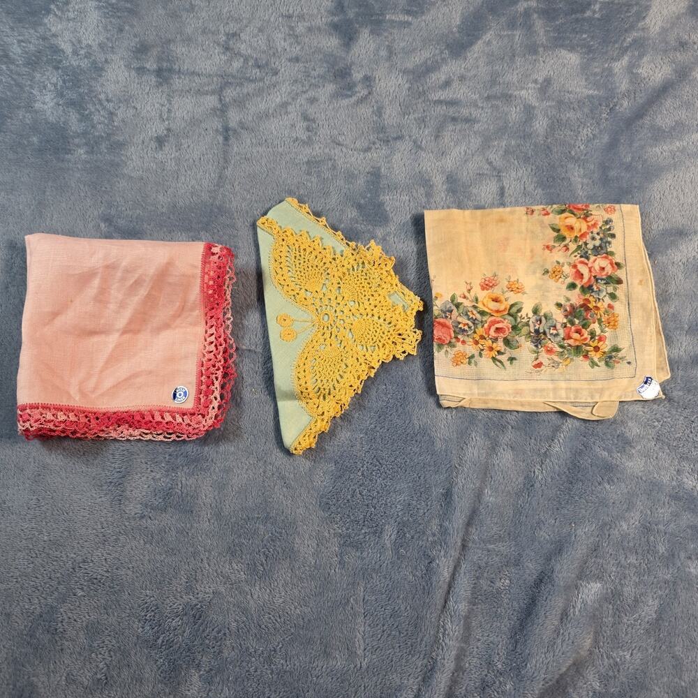 3 Vintage Handkerchiefs 2 Irish Linen Crochet Lace Butterfly Duchess Floral